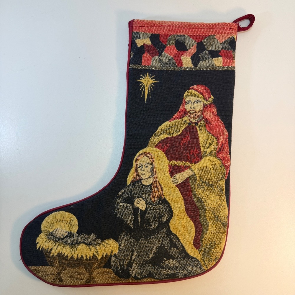 Christmas Stocking Nativity Scene Burgundy Woven Tapestry Quilted 16in Religious